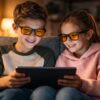 A brother and sister sharing a tablet, with reduced blue light impact due to amber-tinted glasses