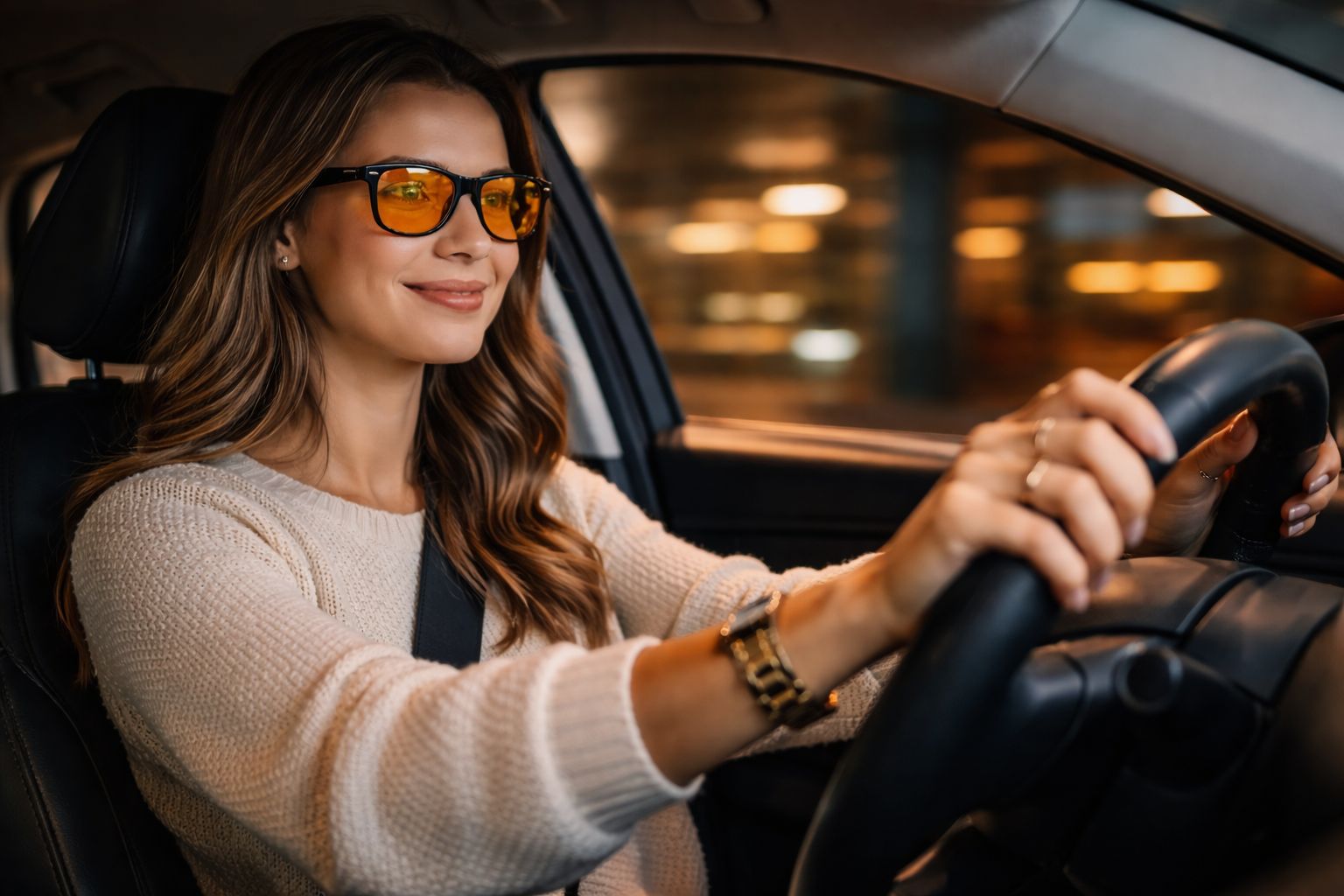 Evening drive with amber-tinted glasses