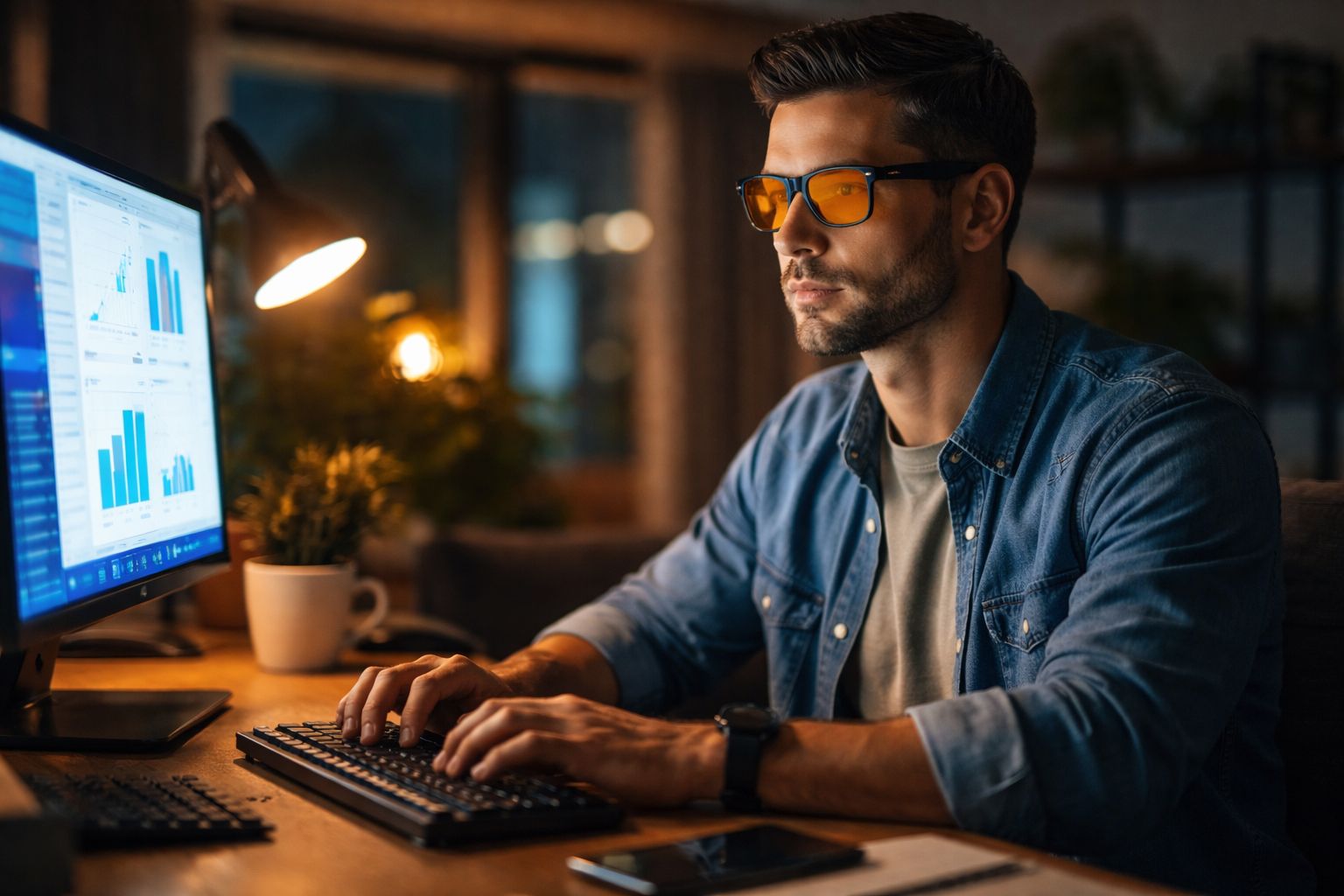 Reduced blue light impact at night with amber-tinted glasses